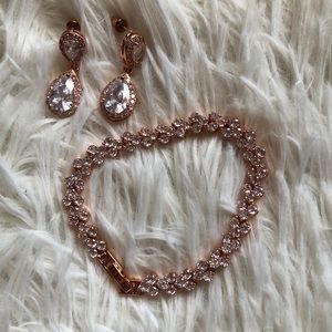 Cubic zirconium rose gold earring and bracelet set